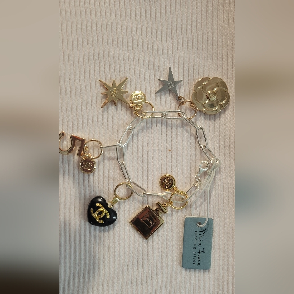Upcycled CHANEL Charms And Pulls On Sterling Silver Bracelet From Italy - Picture 2 of 3